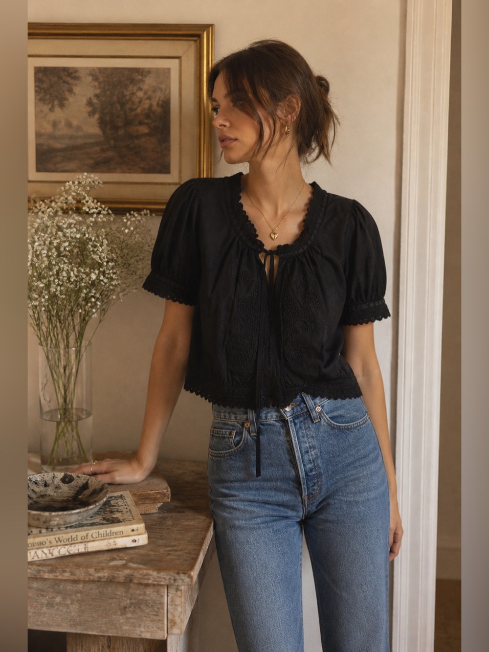 NWT House of Harlow 1960 Black Eyelet Ruffle Sleeves Nera Top Blouse size Large